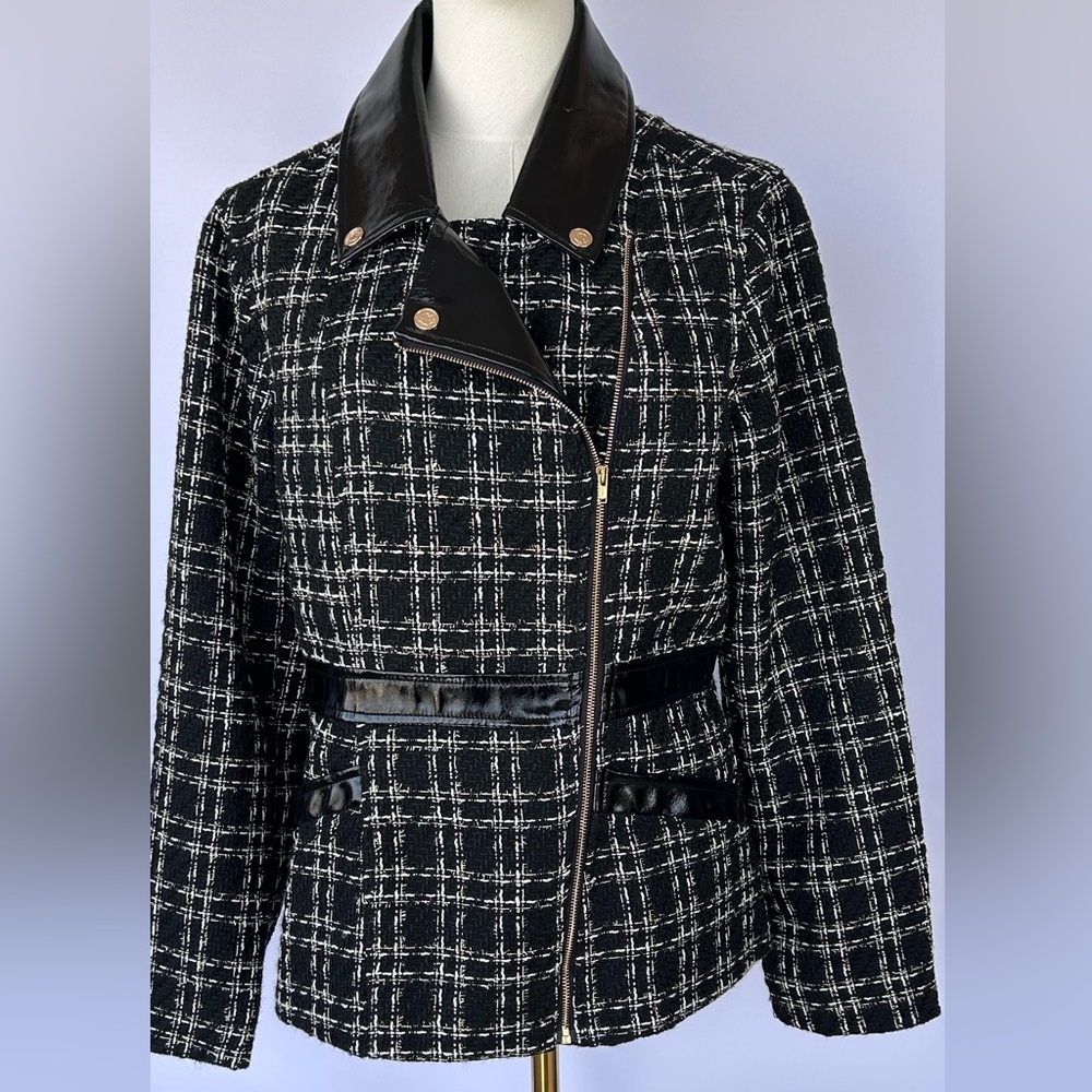 C Wonder by Christian Siriano Women’s Tweed & Faux Patent Moto‎ Jacket Size Med